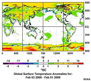 Annual Anomalies (Feb. 2008-Feb. 2009): The larger warming trend becomes apparent in the annual data. 